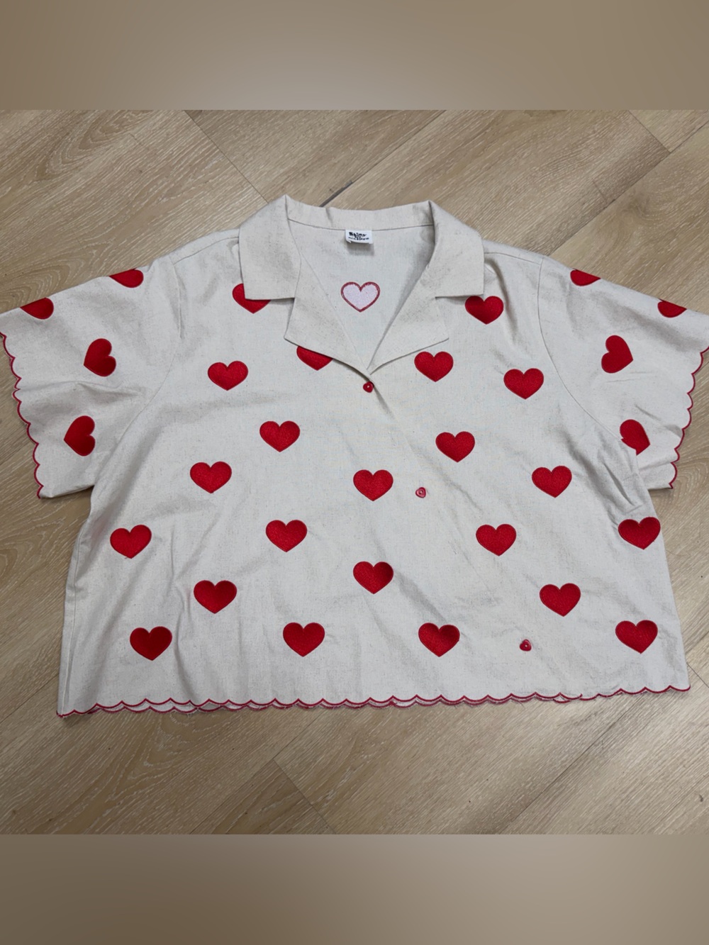 Shiny by Nature cream linen short sleeve asymmetrical flare hearts  top XL
